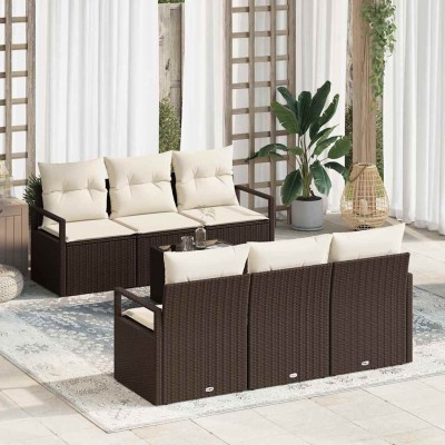 Conjunto de sofá de jardín 7 pcs Marrón y crema 55 x 55 x 37 cm