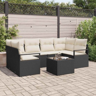 Conjunto de sofá de jardín 7 pcs Negro y crema 55 x 55 x 37 cm