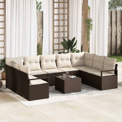 Conjunto de sofá de jardín 10 pcs Marrón Poliratán