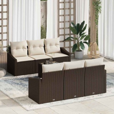 Conjunto de sofá de jardín 7 pcs Marrón y crema 55 x 55 x 37 cm