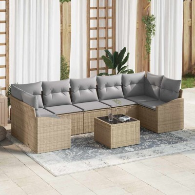 Conjunto de sofá de jardín con cojín 8 pcs Beige y Gris Claro