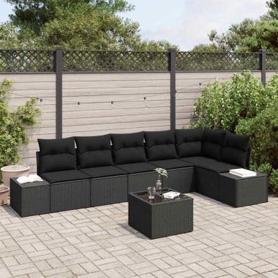 Conjunto de sofá de jardín con cojín 7 pcs Negro Poliratán