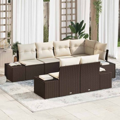 Conjunto de sofá de jardín 7 pcs Marrón y crema Poliratán