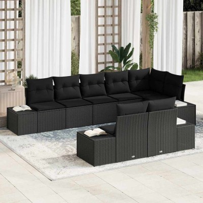 Conjunto de sofá de jardín con cojín 8 pcs Negro Poliratán