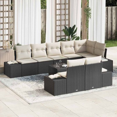 Conjunto de sofá de jardín 9 pcs Negro y crema Poliratán