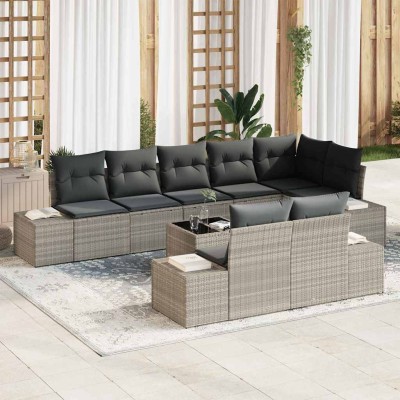 Conjunto de sofá de jardín con cojín 9 pcs Gris claro Poliratán