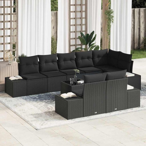 Conjunto de sofá de jardín con cojín 9 pcs Negro Poliratán