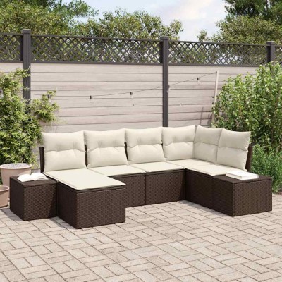Conjunto de sofá de jardín 6 pcs Marrón y crema Poliratán