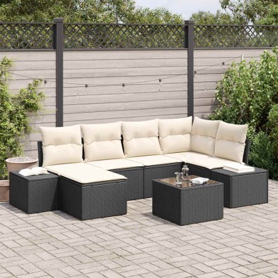 Conjunto de sofá de jardín 7 pcs Negro y crema Poliratán
