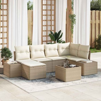 Conjunto de sofá de jardín 7 pcs beige y crema Poliratán