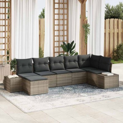 Conjunto de sofá de jardín con cojín 7 pcs Gris Poliratán