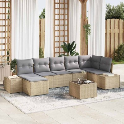 Conjunto de sofá de jardín con cojín 8 pcs Beige Poliratán