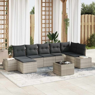 Conjunto de sofá de jardín con cojín 8 pcs Gris claro Poliratán
