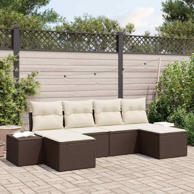 Conjunto de sofá de jardín con cojín 6 pcs Marrón Poliratán