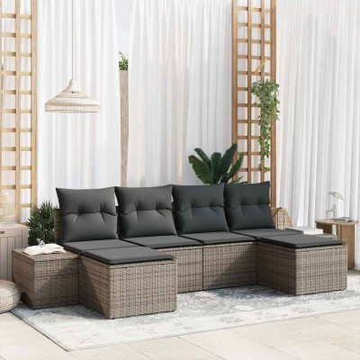 Conjunto de sofá de jardín con cojín 6 pcs Gris Poliratán