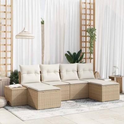 Conjunto de sofá de jardín con cojín 6 pcs Beige Poliratán