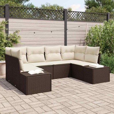 Conjunto de sofá de jardín con cojín 6 pcs Marrón Poliratán