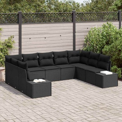 Conjunto de sofá de jardín con cojín 9 pcs Negro Poliratán