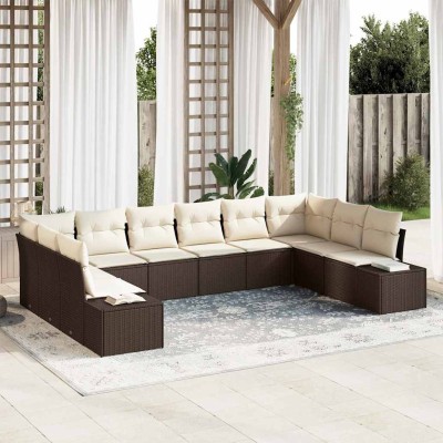 Conjunto de sofá de jardín con cojín 10 pcs Marrón Poliratán