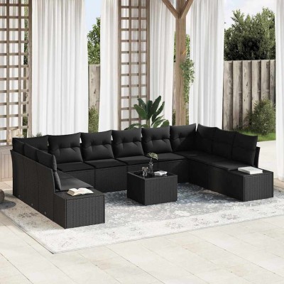 Conjunto de sofá de jardín con cojín 11 pcs Negro Poliratán