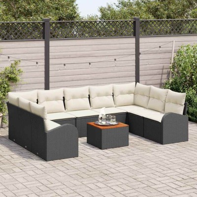 Conjunto de sofá de jardín con cojín 10 pcs Negro Poliratán