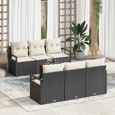 Conjunto de sofá de jardín con cojín 7 pcs Negro Poliratán