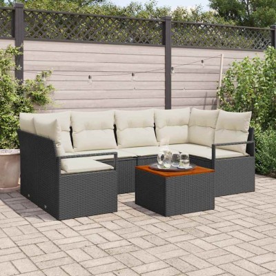 Conjunto de sofá de jardín con cojín 7 pcs Negro Poliratán