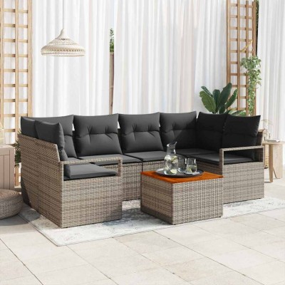 Conjunto de sofá de jardín con cojín 7 pcs Gris Poliratán