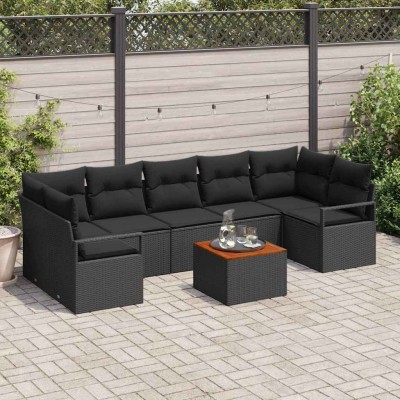 Conjunto de sofá de jardín con cojín 8 pcs Negro Poliratán