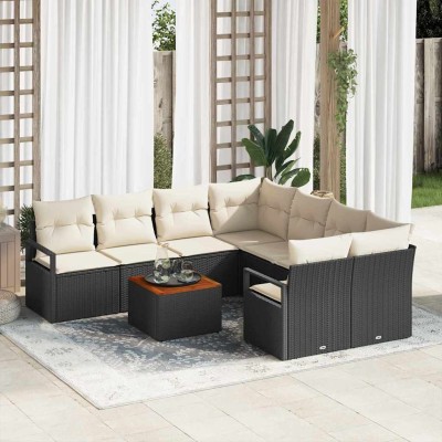 Conjunto de sofá de jardín con cojín 9 pcs Negro Poliratán
