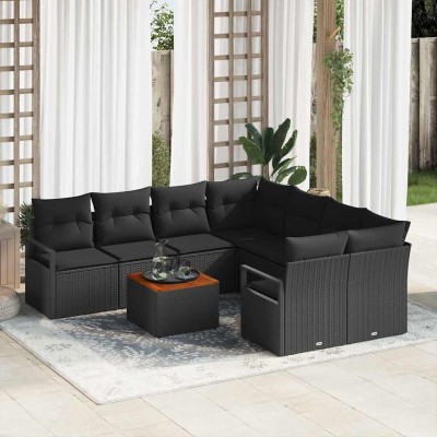 Conjunto de sofá de jardín con cojín 9 pcs Negro Poliratán