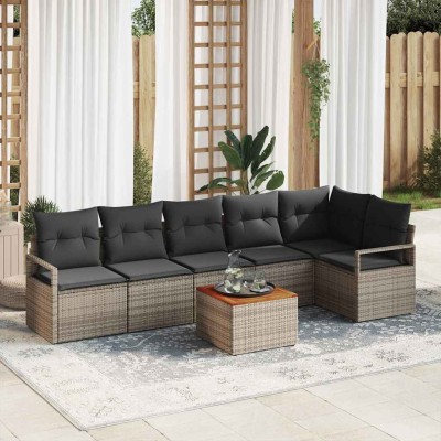 Conjunto de sofá de jardín con cojín 7 pcs Gris Poliratán