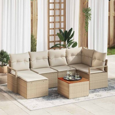 Conjunto de sofá de jardín con cojín 7 pcs Beige Poliratán