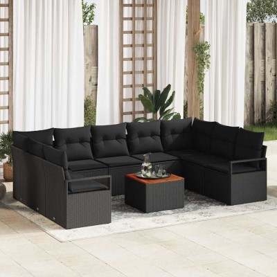 Conjunto de sofá de jardín con cojín 10 pcs Negro Poliratán