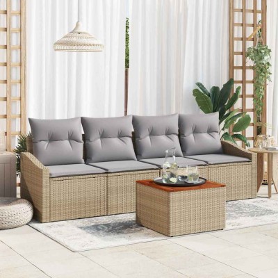 Conjunto de sofá de jardín con cojín 5 pcs Beige Poliratán