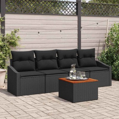 Conjunto de sofá de jardín con cojín 5 pcs Negro Poliratán