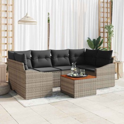 Conjunto de sofá de jardín con cojín 7 pcs Gris Poliratán