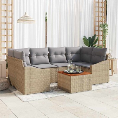 Conjunto de sofá de jardín con cojín 7 pcs Beige Poliratán