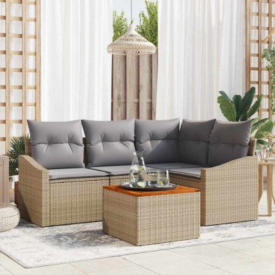 Conjunto de sofá de jardín con cojín 5 pcs Beige Poliratán