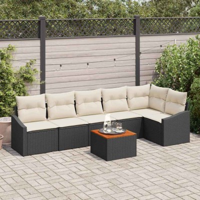 Conjunto de sofá de jardín con cojín 7 pcs Negro Poliratán