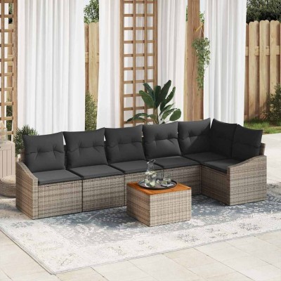 Conjunto de sofá de jardín con cojín 7 pcs Gris Poliratán