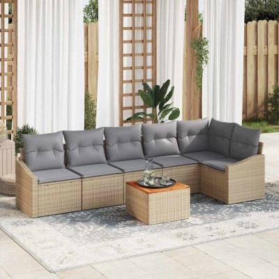 Conjunto de sofá de jardín con cojín 7 pcs Beige Poliratán