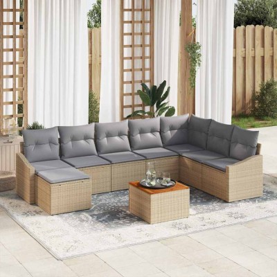 Conjunto de sofá de jardín con cojín 9 pcs Beige Poliratán