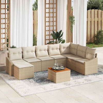 Conjunto de sofá de jardín con cojín 9 pcs Beige Poliratán