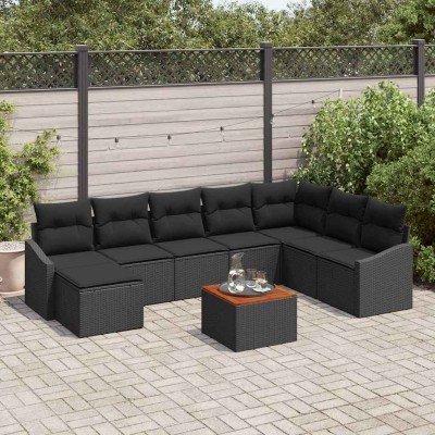 Conjunto de sofá de jardín con cojín 9 pcs Negro Poliratán