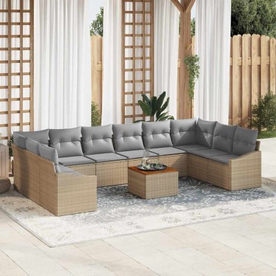 Conjunto de sofá de jardín con cojín 11 pcs Beige Poliratán