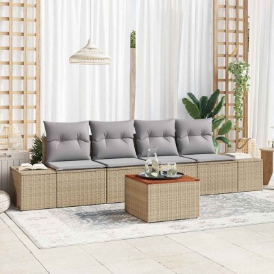 Conjunto de sofá de jardín con cojín 5 pcs Beige Poliratán