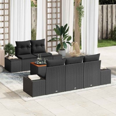 Conjunto de sofá de jardín con cojín 6 pcs Negro Poliratán