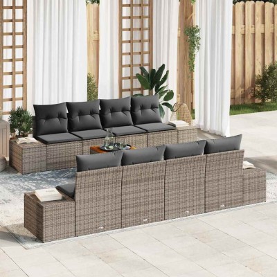 Conjunto de sofá de jardín con cojín 9 pcs Gris Poliratán