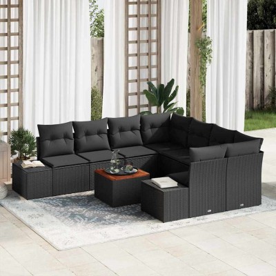 Conjunto de sofá de jardín con cojín 9 pcs Negro Poliratán
